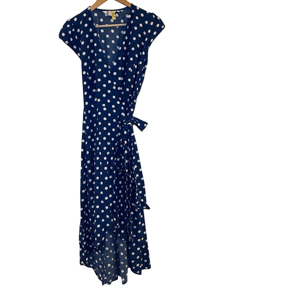 Boden Polka Dot Wrap Midi Dress Women 2R Blue Excellent Short Sleeve V-Neck - Picture 3 of 8